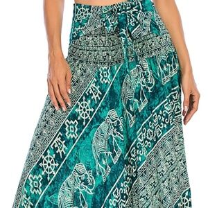 Teal Elephant Print Flowing Maxi Skirt:100% Rayon. Sm/Med. Boho, Fun Comfy EUC